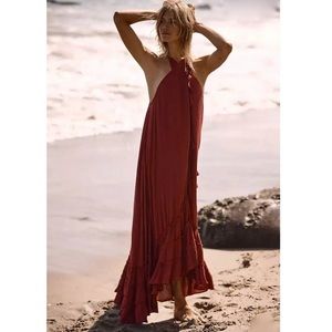 Free People Tiered Summer Wrap Around Ruffle Maxi Dress Red Berry Size XS
